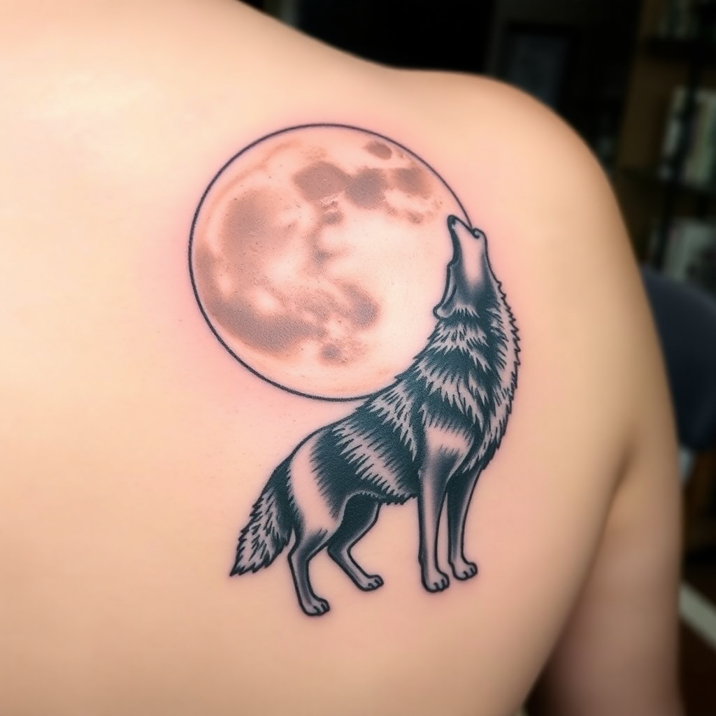 Realistic lone wolf tattoo design featuring a detailed wolf howling at a luminous moon, symbolizing solitude and freedom.