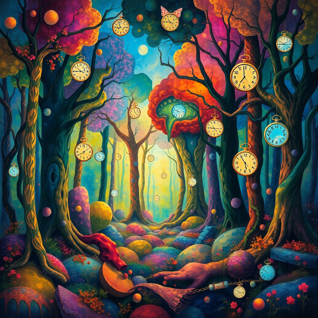 Surreal abstract portrait of a mystical forest with vibrant colors, dream-like shapes, and floating clocks symbolizing timelessness.
