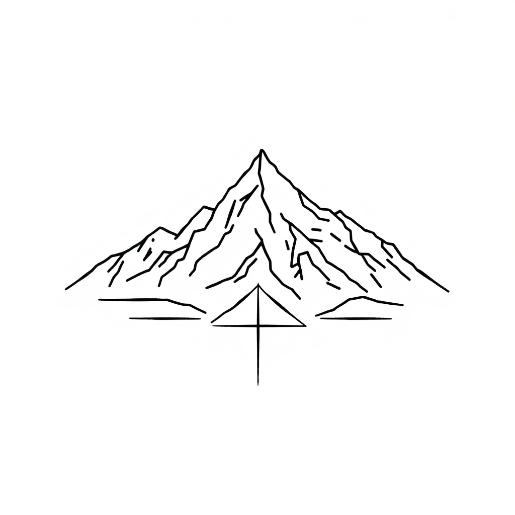 Minimalist mountain tattoo design in thin lines, symbolizing overcoming career challenges with geometric elements on a white background.