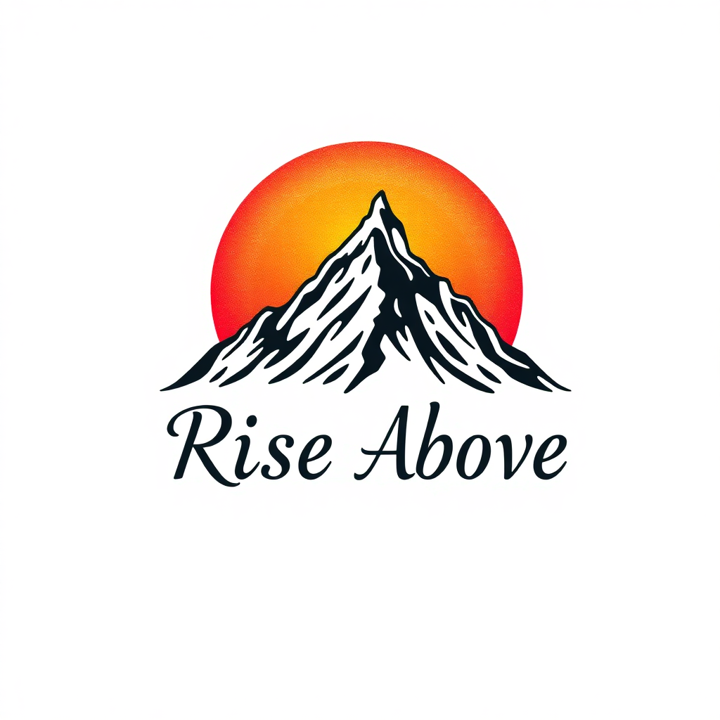 Medium-sized tattoo design featuring a mountain peak and sunrise, with "Rise Above" in bold font, perfect for rise up tattoo ideas.