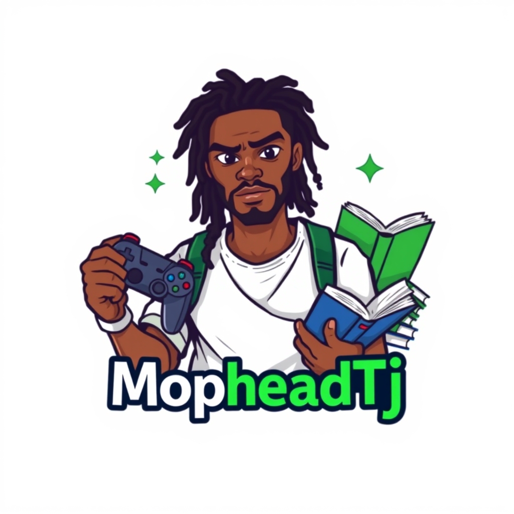 Determined brown-skinned man with dreadlocks holds a game controller and book, surrounded by gaming and book elements in a vibrant logo design.