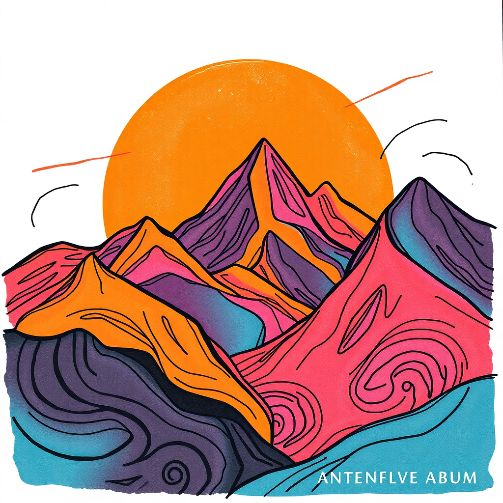 Vibrant hand-drawn album cover featuring stylized mountains in bold colors, perfect for an album cover generator.