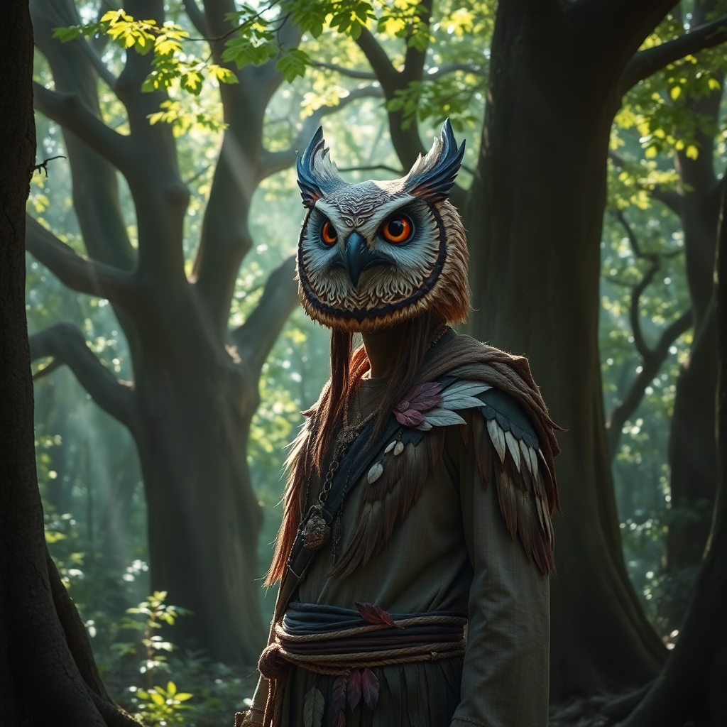 Eladrin druid in a mystical forest, wearing a barn owl mask, surrounded by ancient trees and dappled sunlight.