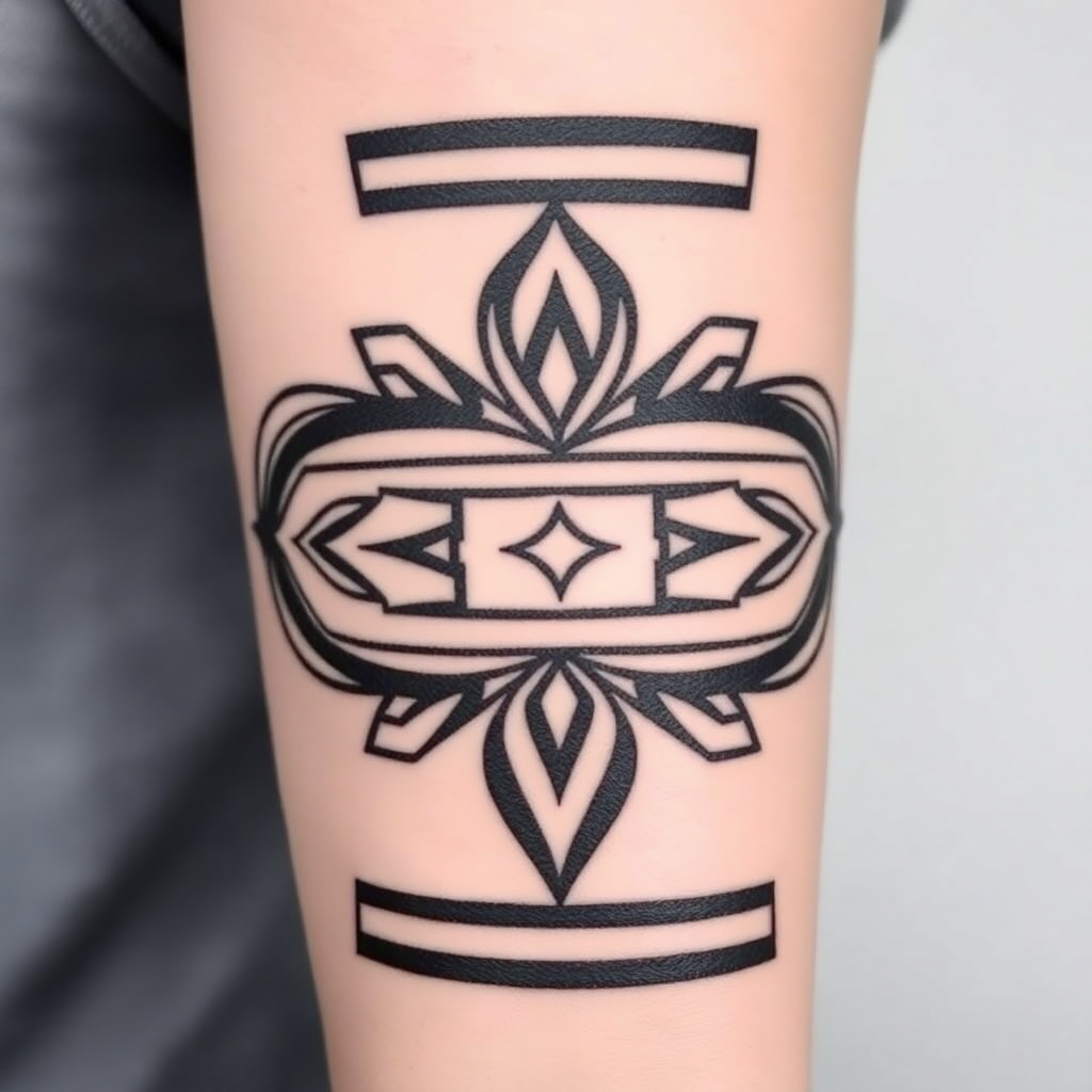 Medium-sized Polynesian tribal tattoo design featuring intricate geometric shapes and bold lines, ideal for arm placement.