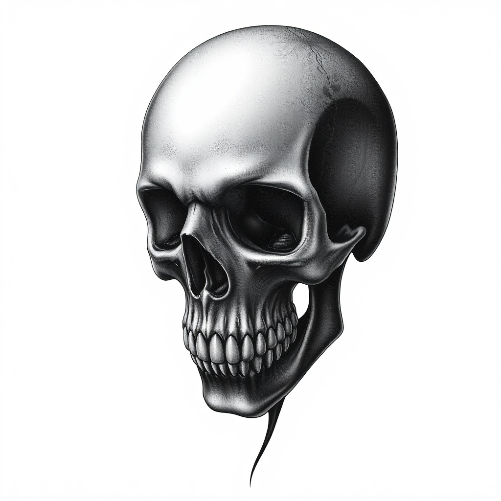 Realistic large 3D skull tattoo with intricate shading, high detail and depth on a solid white background
