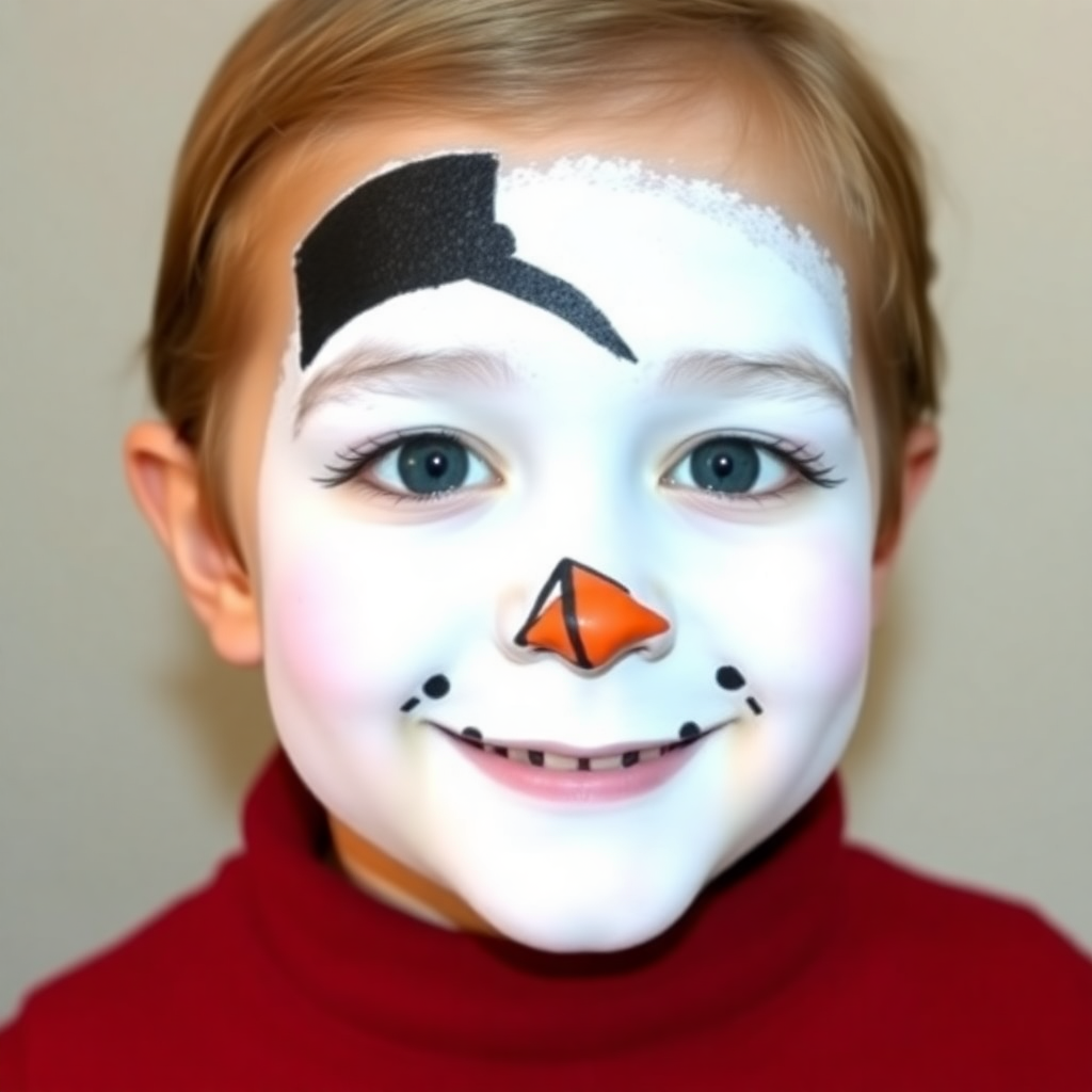 Cheerful snowman face painting design with a white base, black dot eyes, orange nose, and a black hat, perfect for beginners.