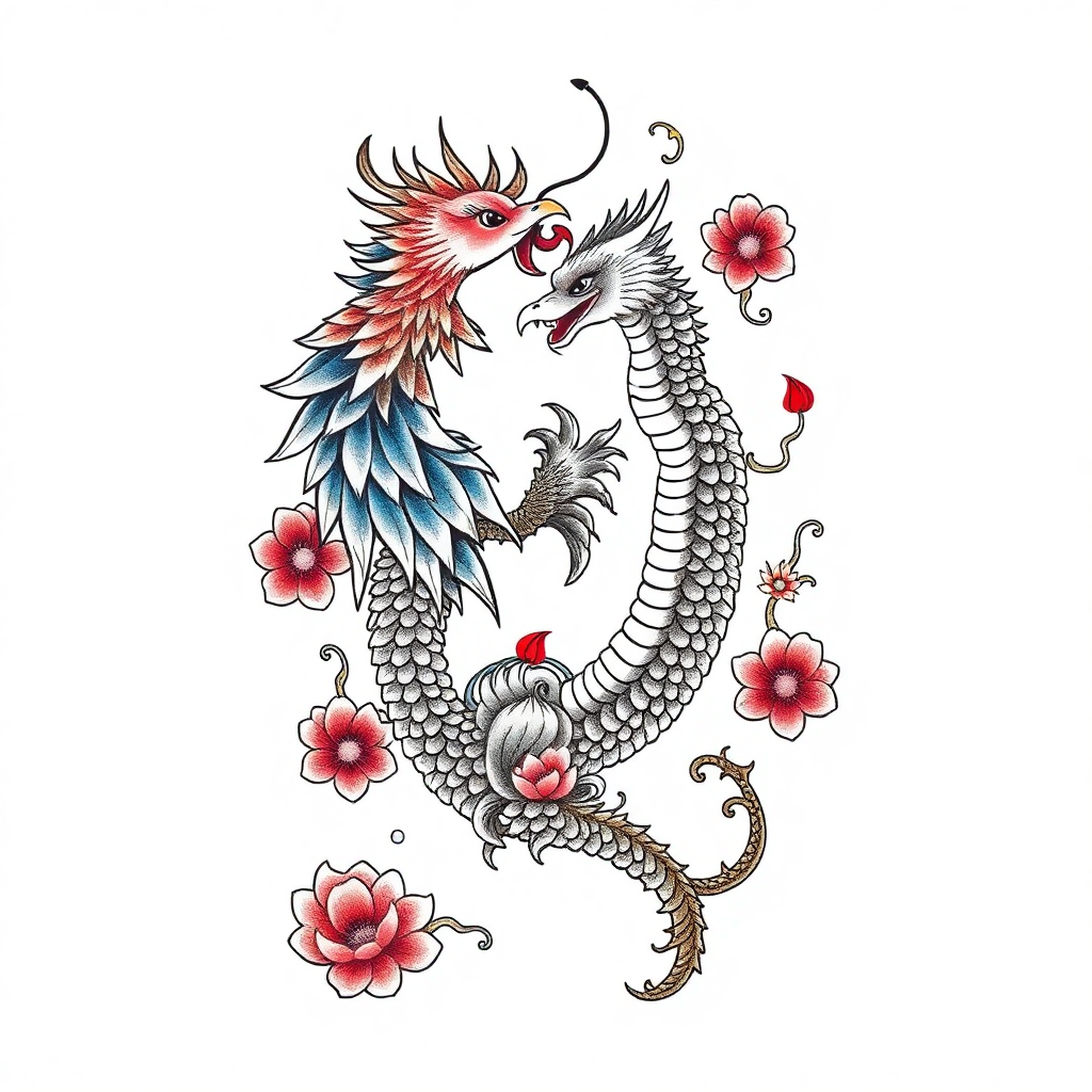 Intricate Vietnamese-inspired tattoo of a phoenix and dragon, symbolizing harmony, with lotus flowers and waves on a white background.