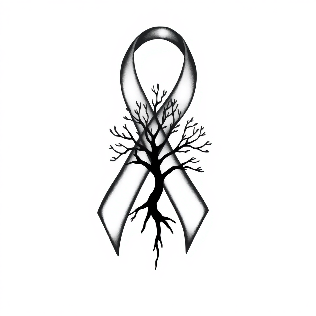 Large black tattoo design featuring a ribbon intertwined with a tree, symbolizing strength and awareness for bone cancer.