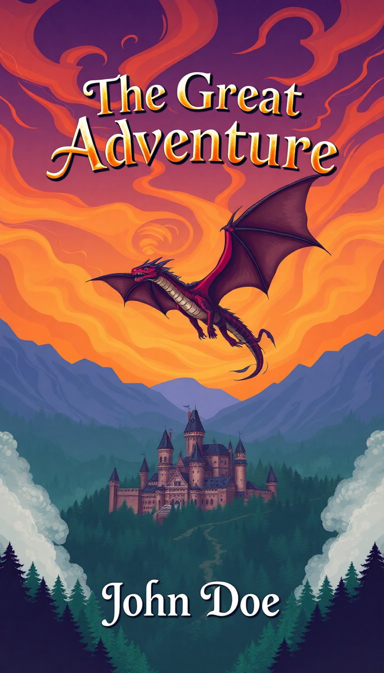 Majestic dragon soaring above a fantasy kingdom, showcasing a captivating book cover design titled "The Great Adventure."