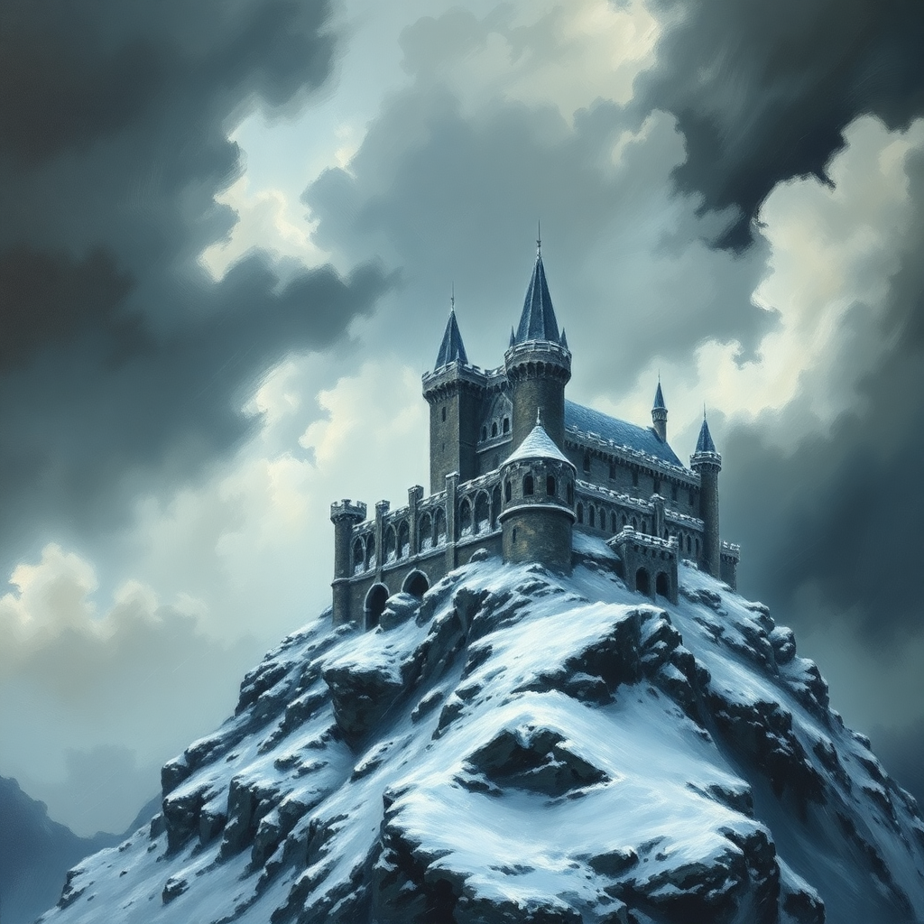 Medieval gothic castle perched on a rocky hill, shrouded in a swirling snowstorm, capturing a chilling atmosphere in oil painting.