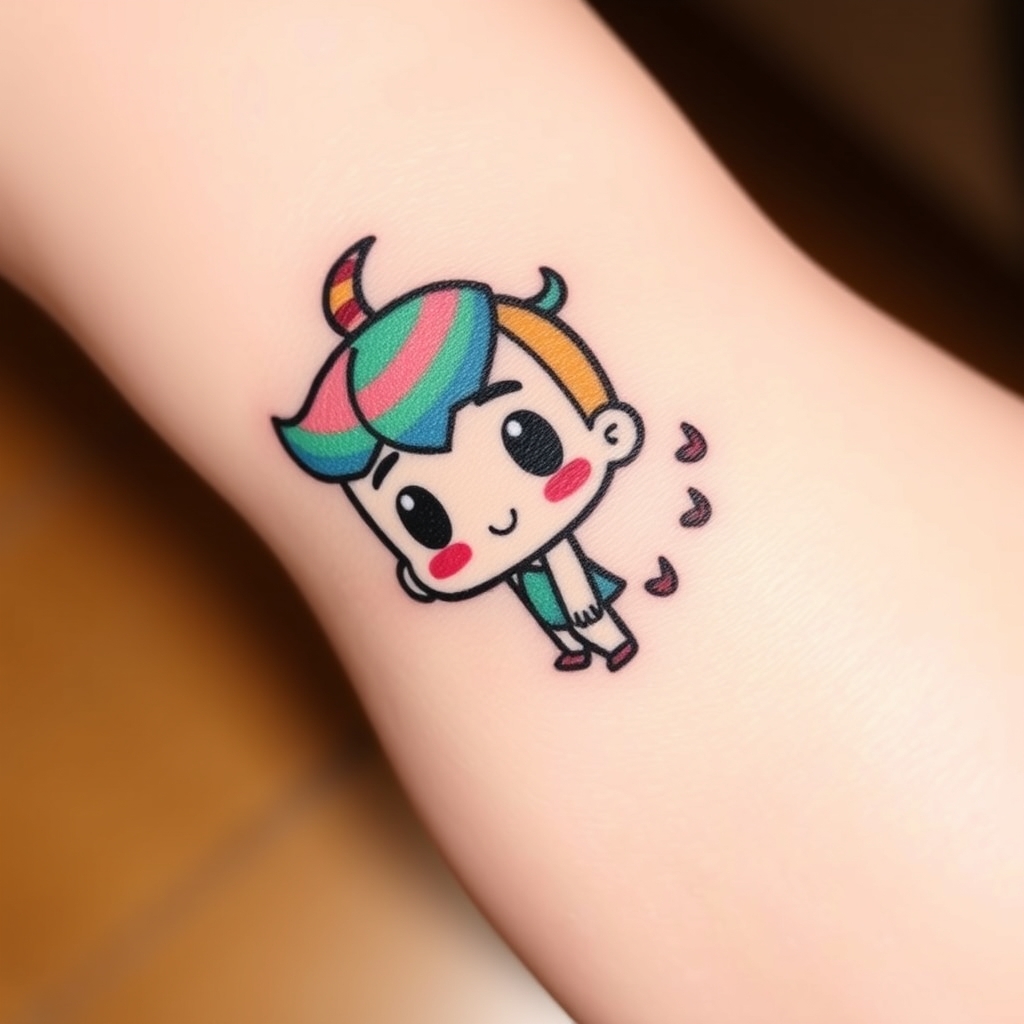 Cartoonish JJ from Cocomelon tattoo in vibrant colors, ideal for wrist placement on a clean white background.