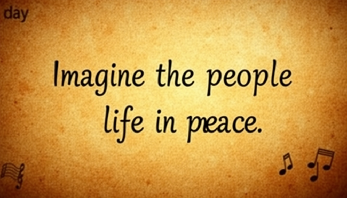 "Imagine all the people living life in peace" in a vintage style with warm colors, textured background, and subtle musical notes.
