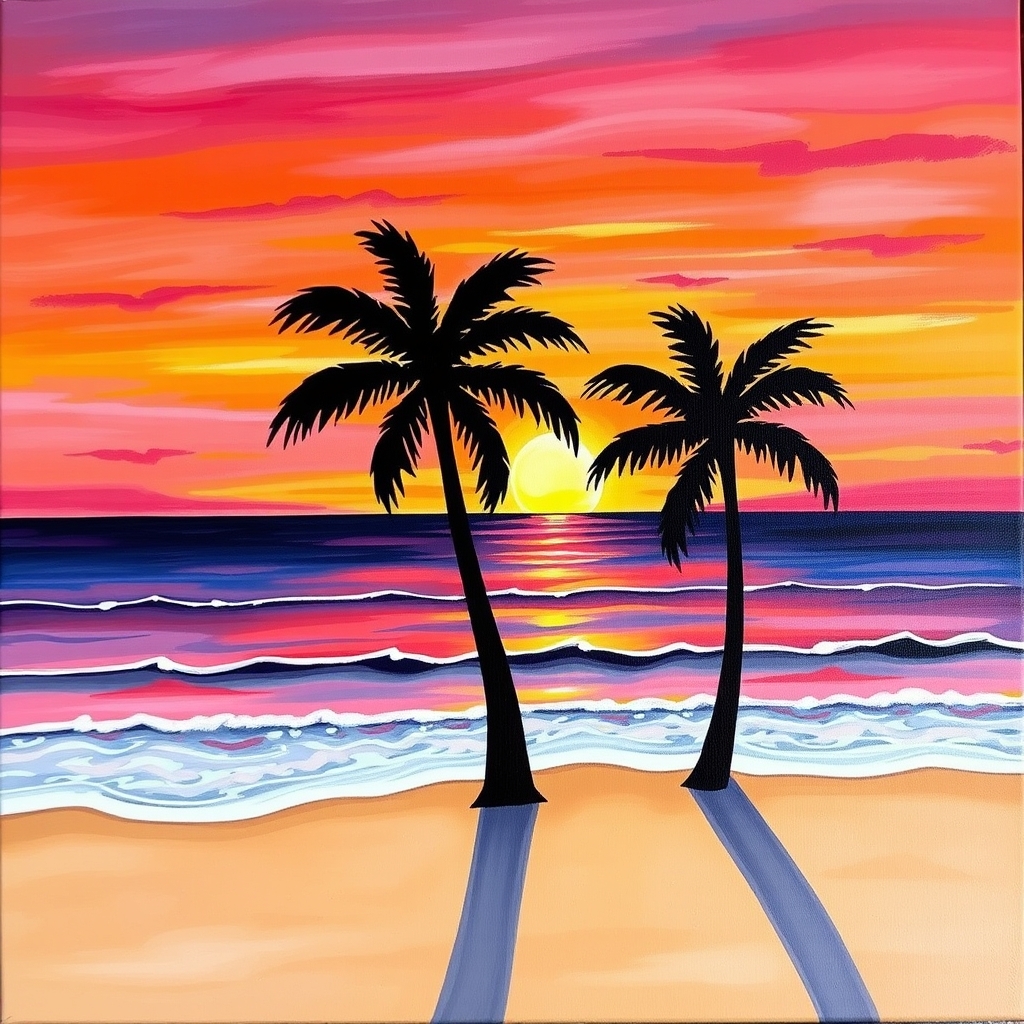 Vibrant acrylic beach sunset painting with silhouetted palm trees and gentle waves reflecting warm colors on a serene canvas.