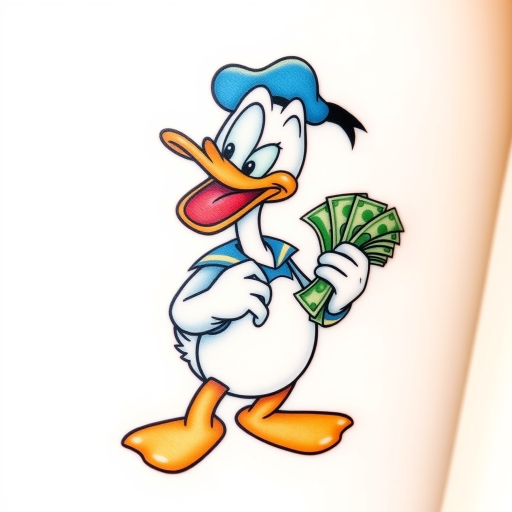 Classic Donald Duck tattoo featuring him joyfully holding a stack of money, perfect for tattoo enthusiasts seeking unique Donald Duck tattoo ideas.