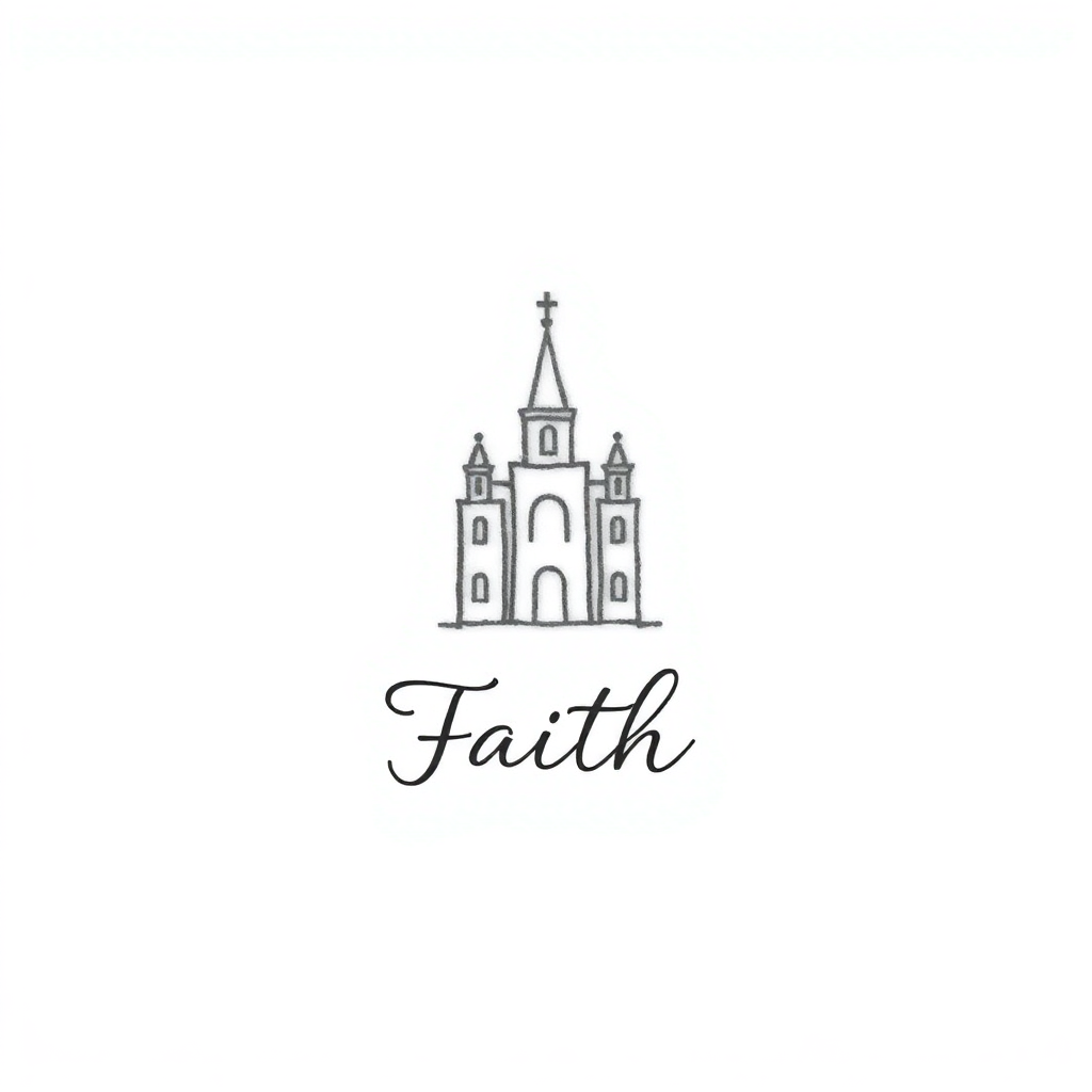 Minimalist LDS temple tattoo design with the word "Faith" elegantly scripted below, set against a solid white background.