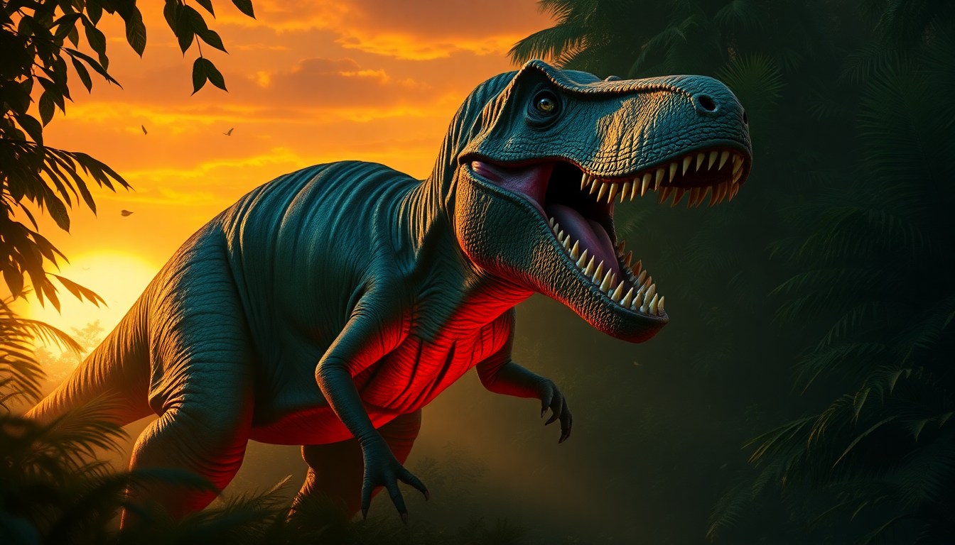 Majestic T-Rex roaring in a vibrant jungle at sunset, perfect for a Jurassic Park background or wallpaper.