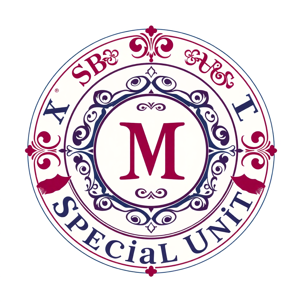 Fancy round banner design featuring 'M Special Unit' text on a decorative scroll with ornate patterns and vibrant colors.