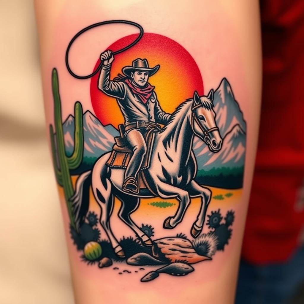 Detailed half sleeve tattoo design featuring a cowboy on horseback with a lasso, surrounded by Wild West elements like cacti and mountains.