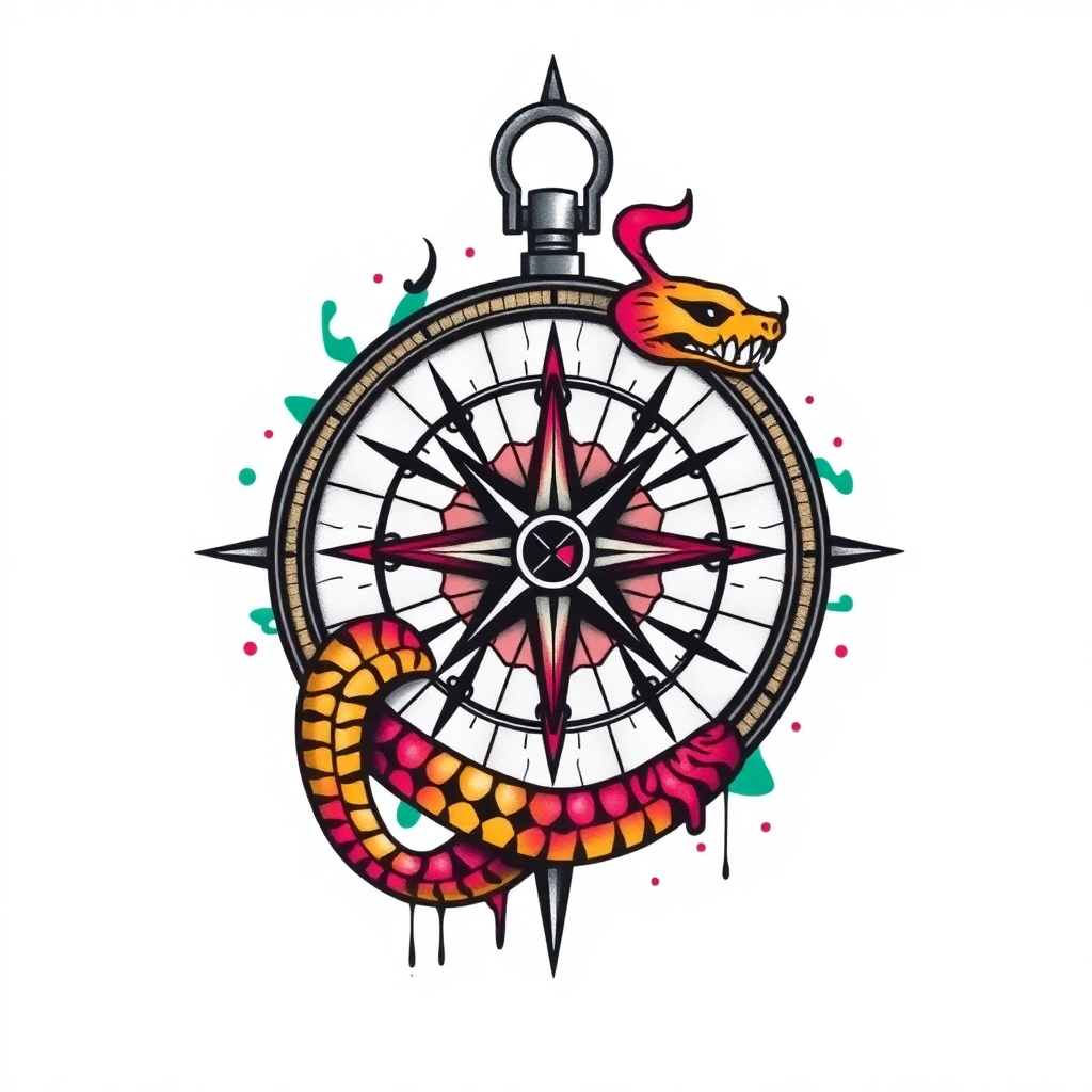 Graffiti-style compass tattoo featuring a vibrant snake intertwined, bold outlines on a solid white background.