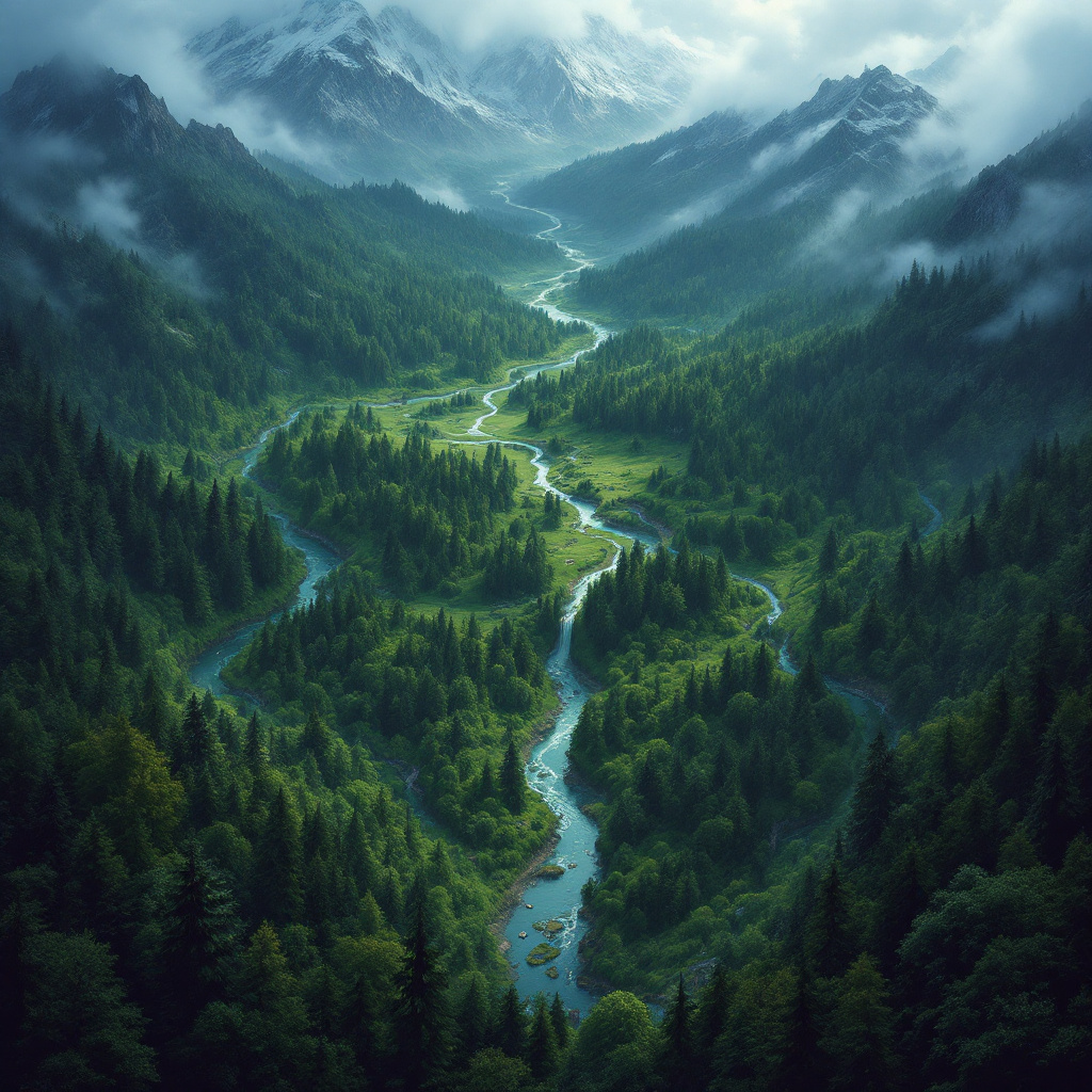 Fantasy forest map showcasing dense woodlands, winding rivers, and misty mountains, perfect for adventure and exploration.